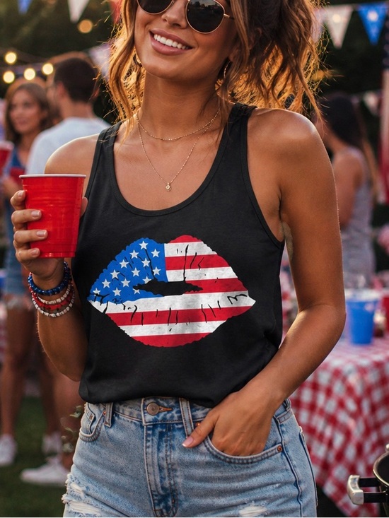 Tops - 🇺🇸Black Women's Tank Top with American Flag Kiss Graphic Size Medium🇺🇸